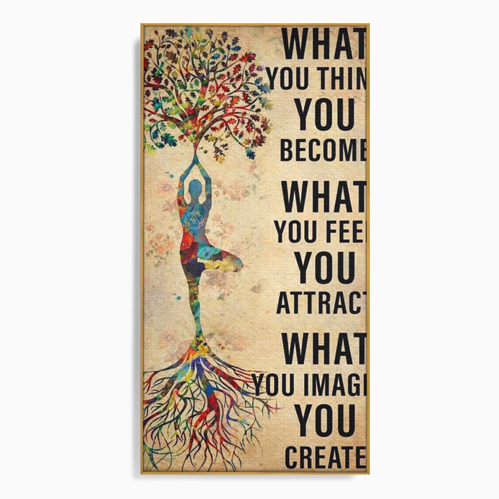 Tablou canvas cu tablou canvas motivational cu silueta si copac, in rama de aluminiu auriu